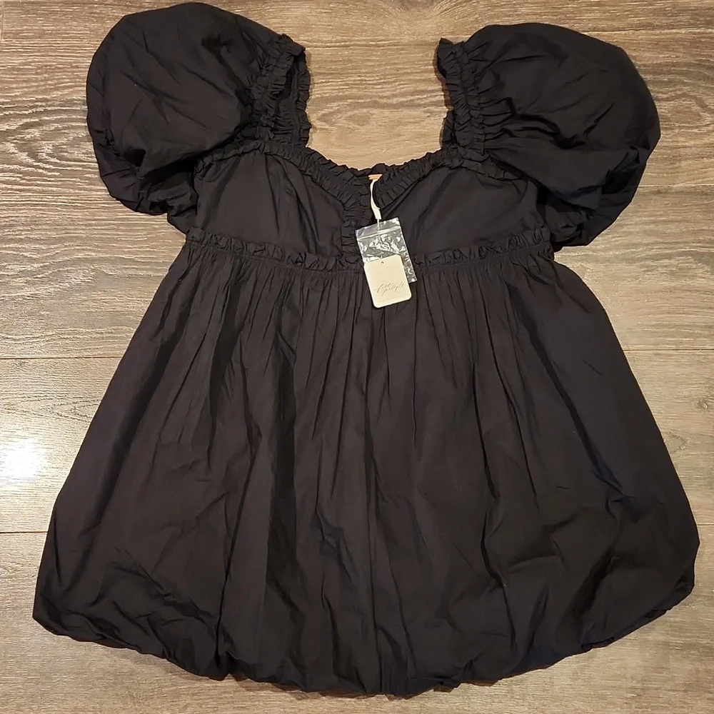 ❤️ NWT! FREE PEOPLE RENDEVOUS ME BLACK PUFF SLEEVE POPLIN MINI DRESS, MEDIUM